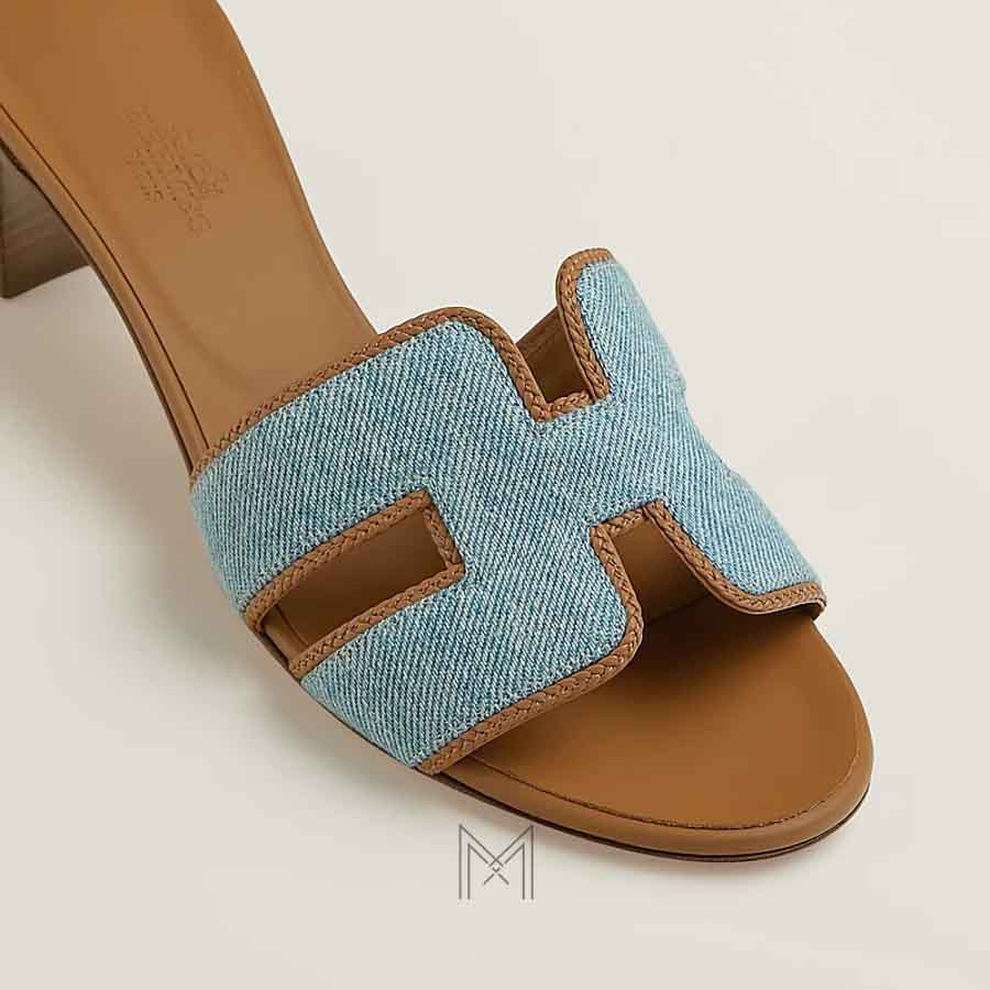 Dép Hermes Oasis cao gót chính hãng nâu phối xám demin MHHH003 2026 Dép Hermes Oasis cao gót chính hãng nâu phối xám demin MHHH003 2026