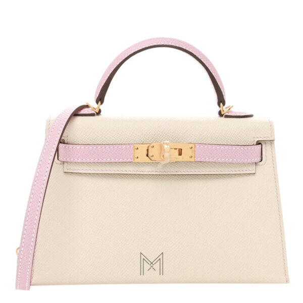 Túi Hermes Kelly màu trắng kem phối hồng da bê Epsom THM01