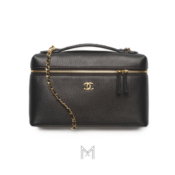 Túi cặp lồng Chanel vanity có dây đeo màu đen da bê authentic TCN40