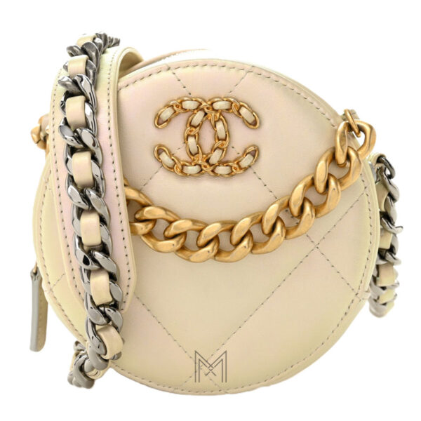 Túi Chanel dây xích vàng phối bạc tròn màu be da bê chính hãng TCN28
