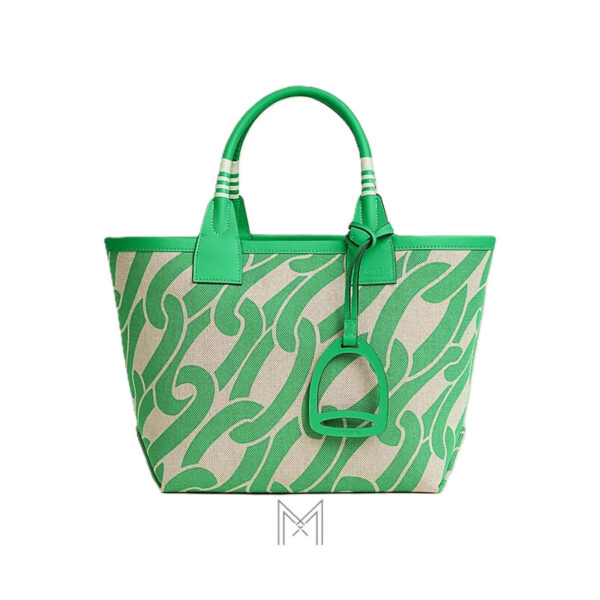 Túi xách Hermes màu xanh hoạ tiết Maillons & Co vải canvas phối da bê Swift THM15