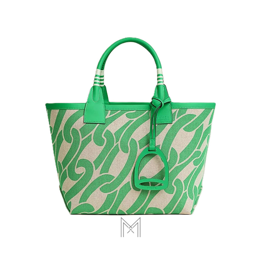 Túi xách Hermes màu xanh hoạ tiết Maillons & Co vải canvas phối da bê Swift THM15 2026 Túi xách Hermes màu xanh hoạ tiết Maillons & Co vải canvas phối da bê Swift THM15 2026
