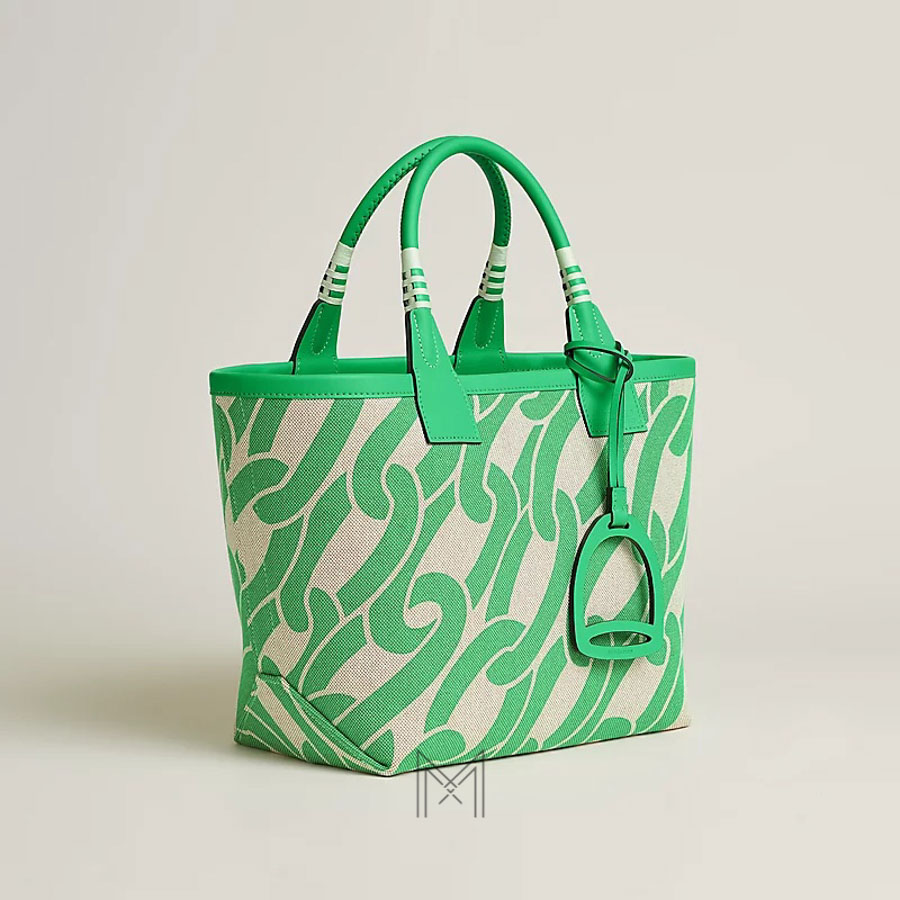 Túi xách Hermes màu xanh hoạ tiết Maillons & Co vải canvas phối da bê Swift THM15 2026 Túi xách Hermes màu xanh hoạ tiết Maillons & Co vải canvas phối da bê Swift THM15 2026