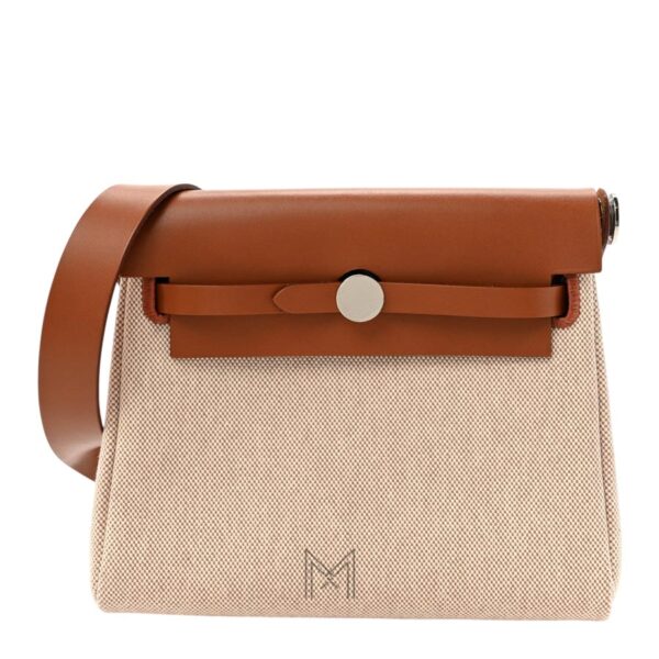 Túi Hermes mini Herbag Zip màu be canvas phối da nâu chính hãng THM16