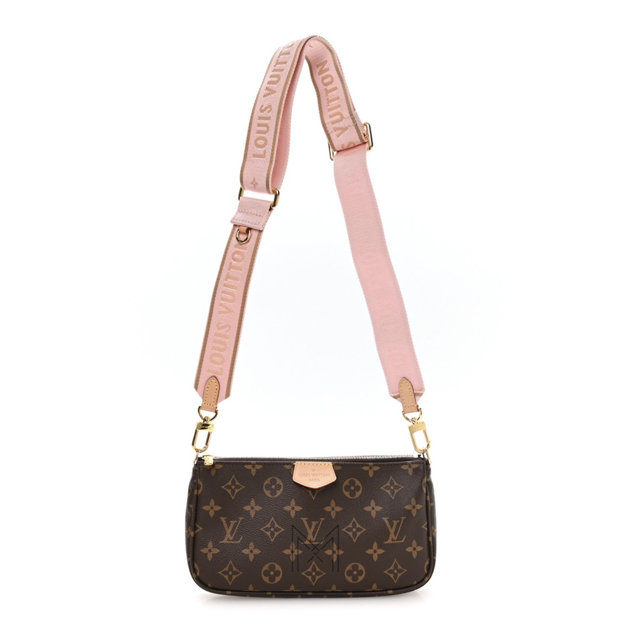Túi Đeo Chéo LV Multi Pochette Nâu Monogram Phối Dây Hồng Auth LV 345 2026 Túi Đeo Chéo LV Multi Pochette Nâu Monogram Phối Dây Hồng Auth LV 345 2026