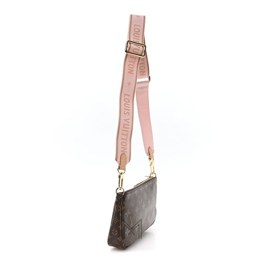 Túi Đeo Chéo LV Multi Pochette Nâu Monogram Phối Dây Hồng Auth LV 345 2026 Túi Đeo Chéo LV Multi Pochette Nâu Monogram Phối Dây Hồng Auth LV 345 2026