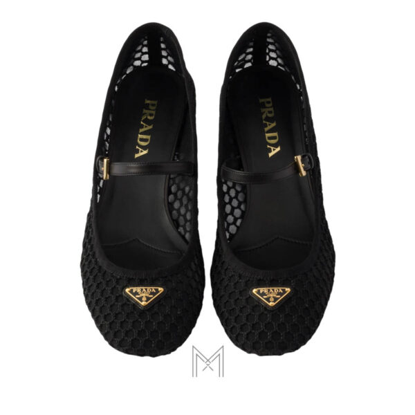 Giày búp bê cao gót Prada Mesh Fabric màu đen logo vàng chính hãng MHNP100