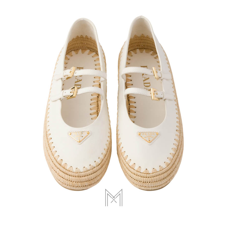 Giày búp bê Prada Nappa Leather and Raffia màu trắng chính hãng MHNP113 2026 Giày búp bê Prada Nappa Leather and Raffia màu trắng chính hãng MHNP113 2026