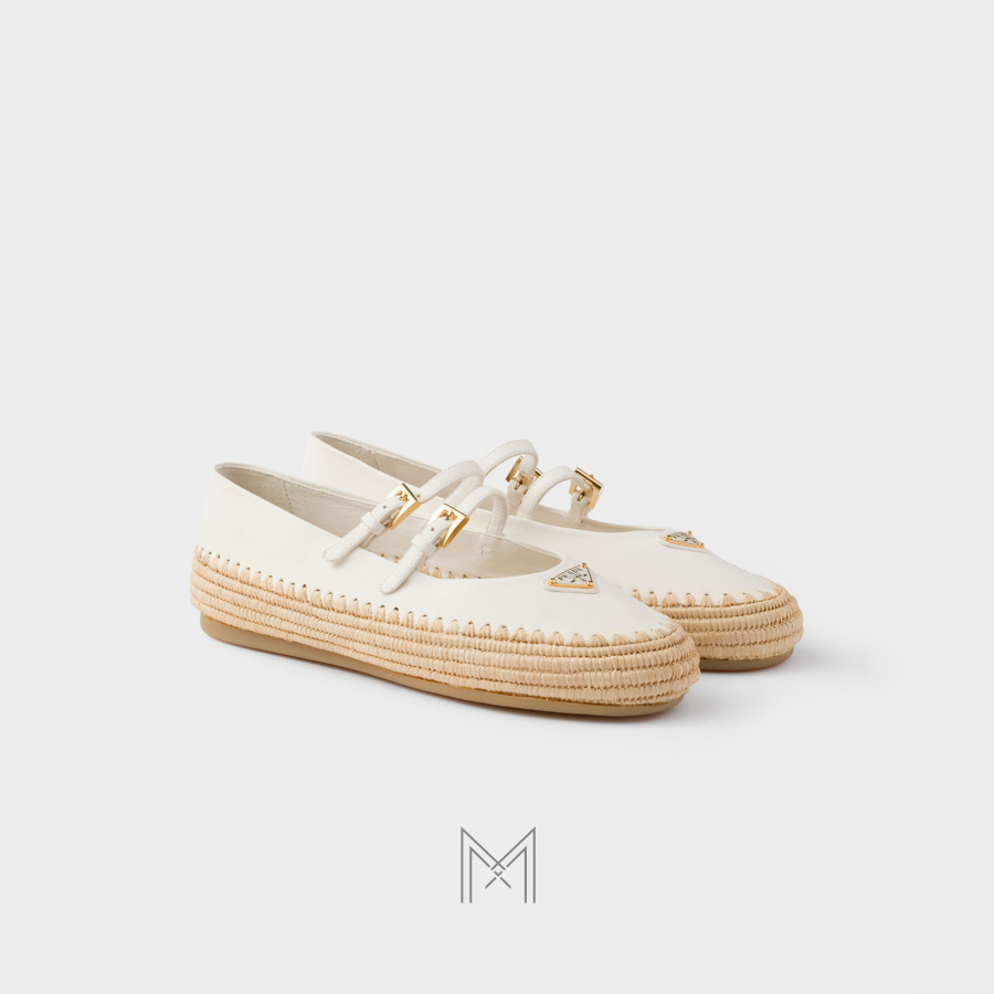 Giày búp bê Prada Nappa Leather and Raffia màu trắng chính hãng MHNP113 2026 Giày búp bê Prada Nappa Leather and Raffia màu trắng chính hãng MHNP113 2026