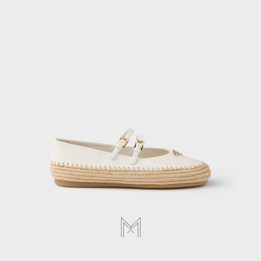 Giày búp bê Prada Nappa Leather and Raffia màu trắng chính hãng MHNP113 2026 Giày búp bê Prada Nappa Leather and Raffia màu trắng chính hãng MHNP113 2026
