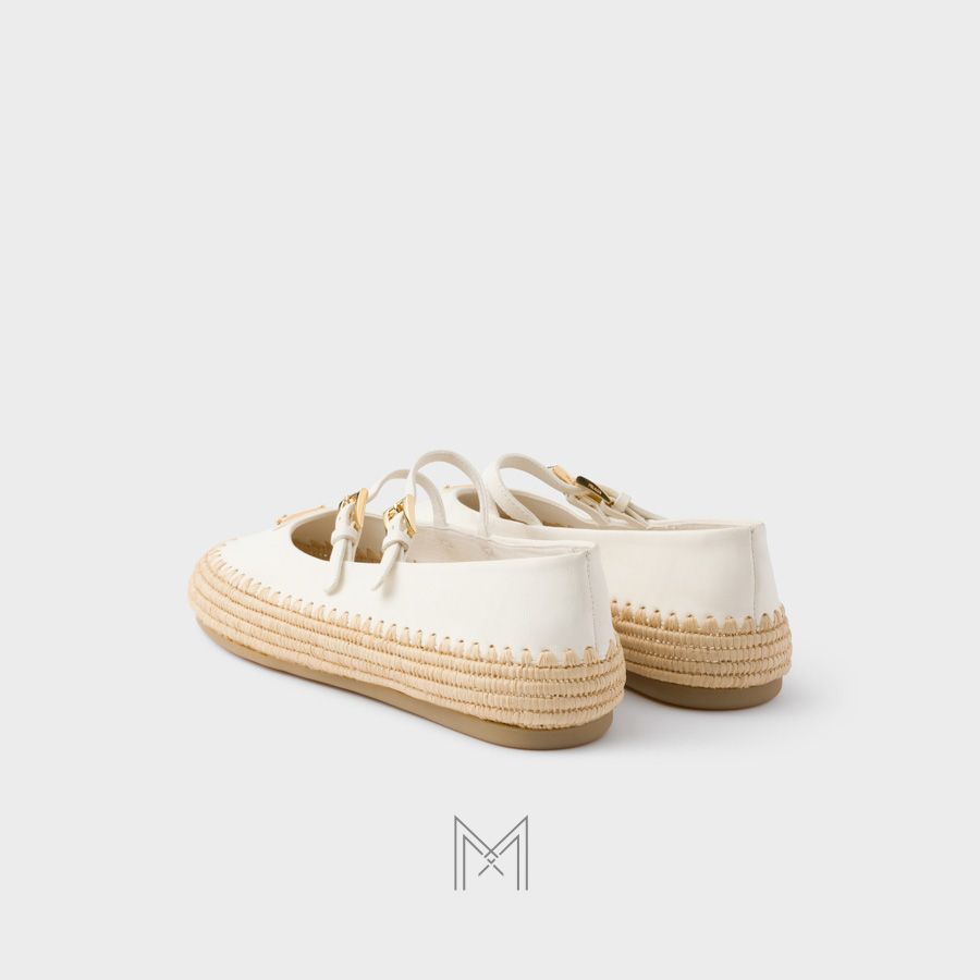 Giày búp bê Prada Nappa Leather and Raffia màu trắng chính hãng MHNP113 2026 Giày búp bê Prada Nappa Leather and Raffia màu trắng chính hãng MHNP113 2026